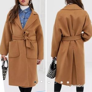 Mango tie waist wool coat in camel